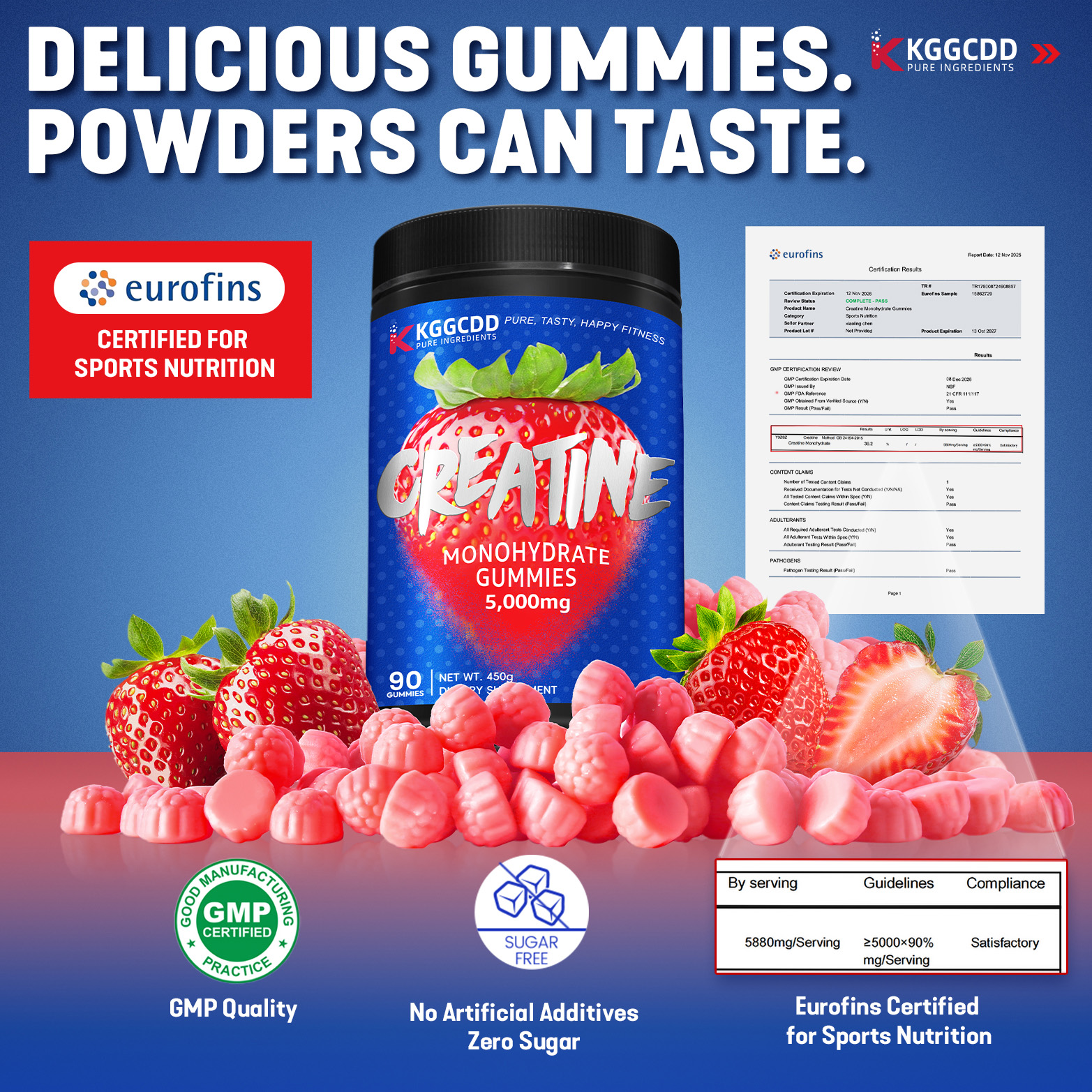 KGGCDD 99.99% Creatine Monohydrate Gummies for Men & Women, 5g Tasty Creatine Gummies for Muscle Strength, Endurance, Recovery & Sugar Free, Gluten-Free, Vegan, Non-GMO, 90 Count
